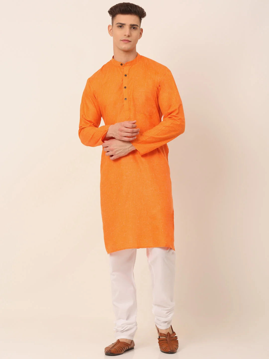 Men's Cotton Solid Kurta Pajama Sets ( JOKP 657Orange )-JOKP-657