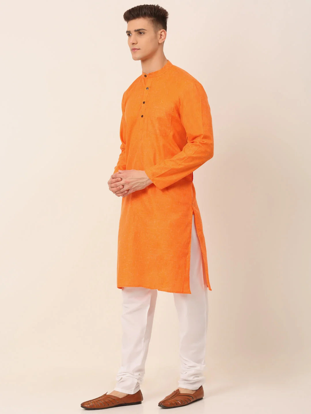 Orange Cotton Solid Mens Kurta Pajama Set - Elegant Design