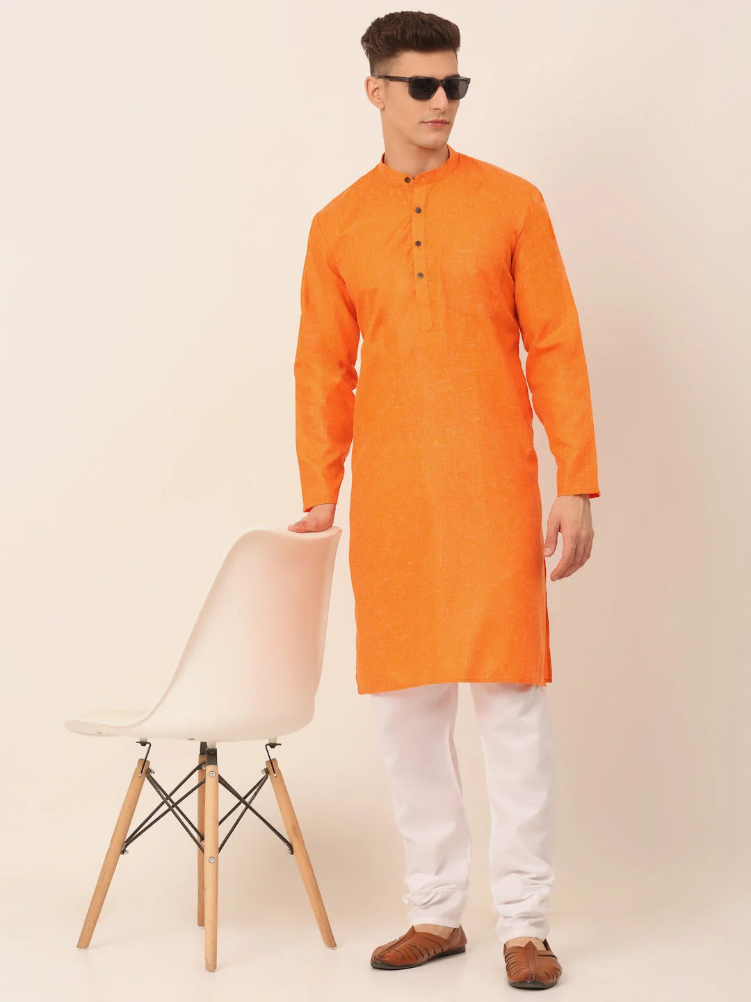 Orange Cotton Solid Mens Kurta Pajama Set - Elegant Design