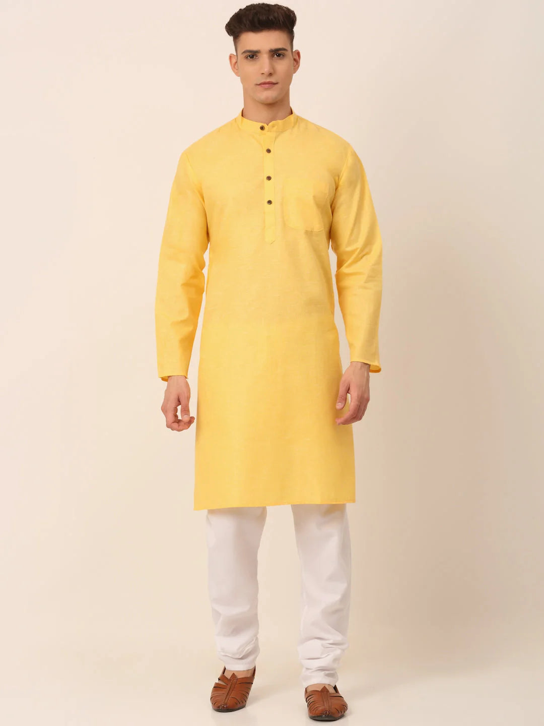 Yellow Cotton Mens Kurta Pajama Set | Solid Ethnic Style