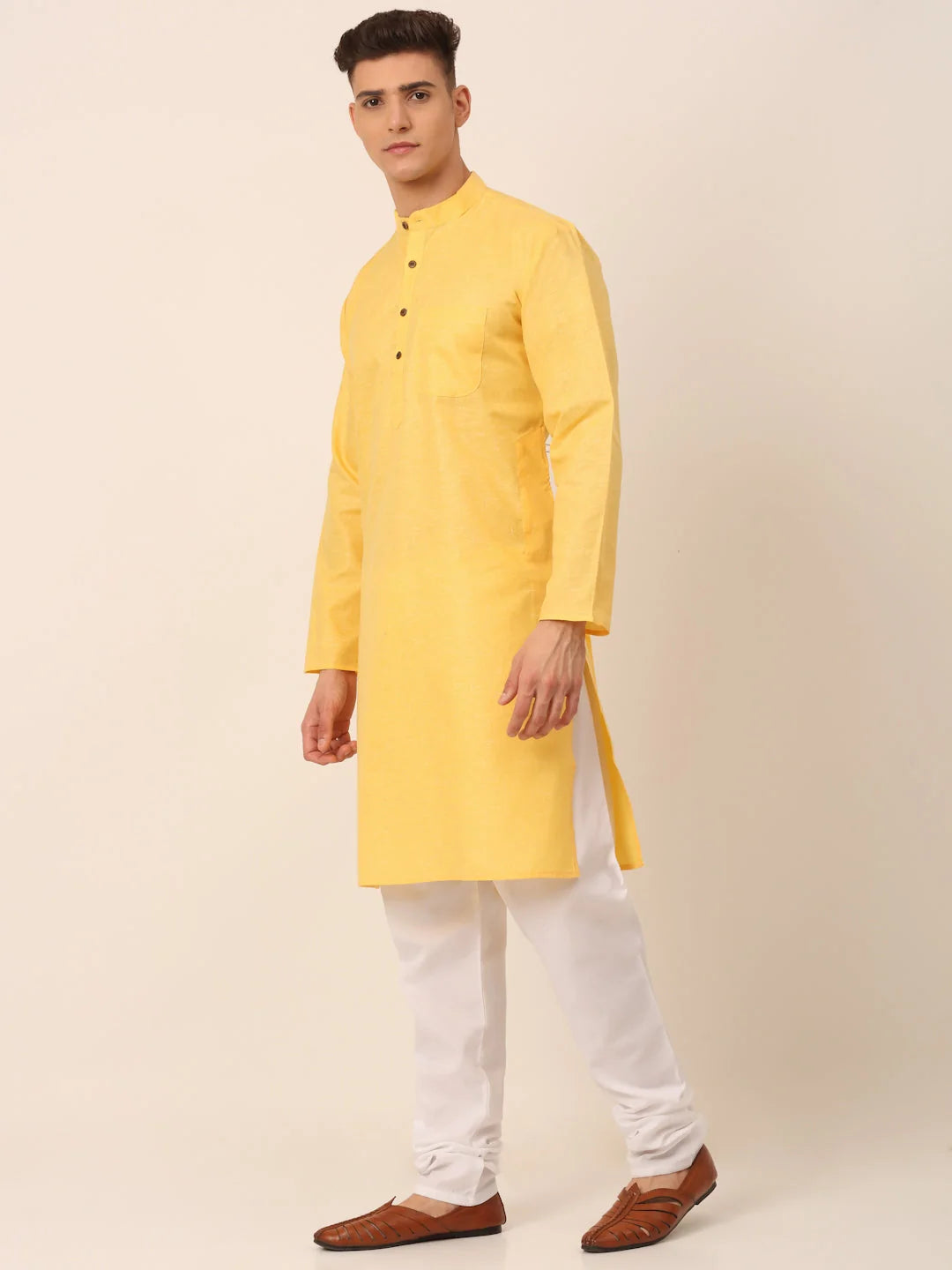 Yellow Cotton Mens Kurta Pajama Set | Solid Ethnic Style