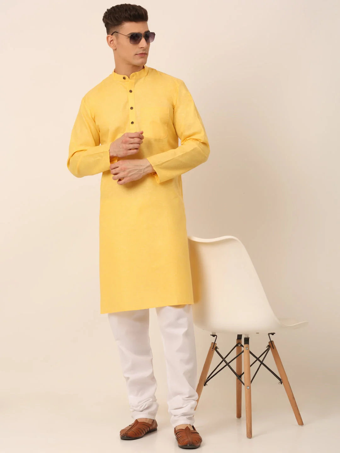 Yellow Cotton Mens Kurta Pajama Set | Solid Ethnic Style