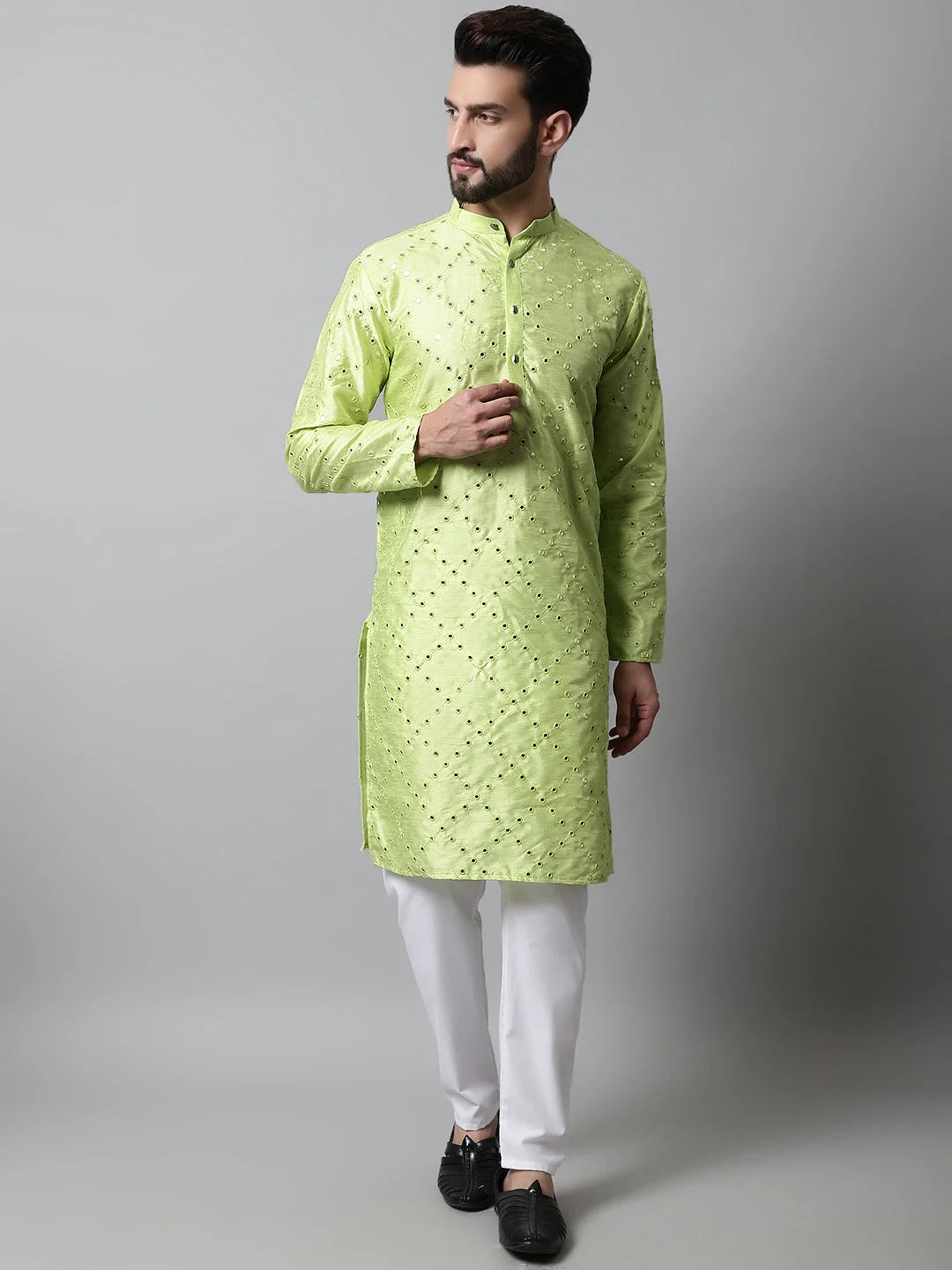 Lime Green Embroidered Kurta Pajama Set for Men | Shop Now