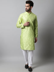 Men Lime Green Embroidered Mirror Work Dupion Silk Kurta with Pyjamas ( JOKP 659Lime )-JOKP-659