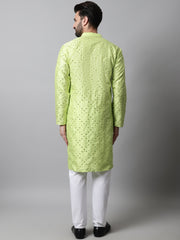 Men Lime Green Embroidered Mirror Work Dupion Silk Kurta with Pyjamas ( JOKP 659Lime )-JOKP-659