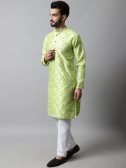 Men Lime Green Embroidered Mirror Work Dupion Silk Kurta with Pyjamas ( JOKP 659Lime )-JOKP-659