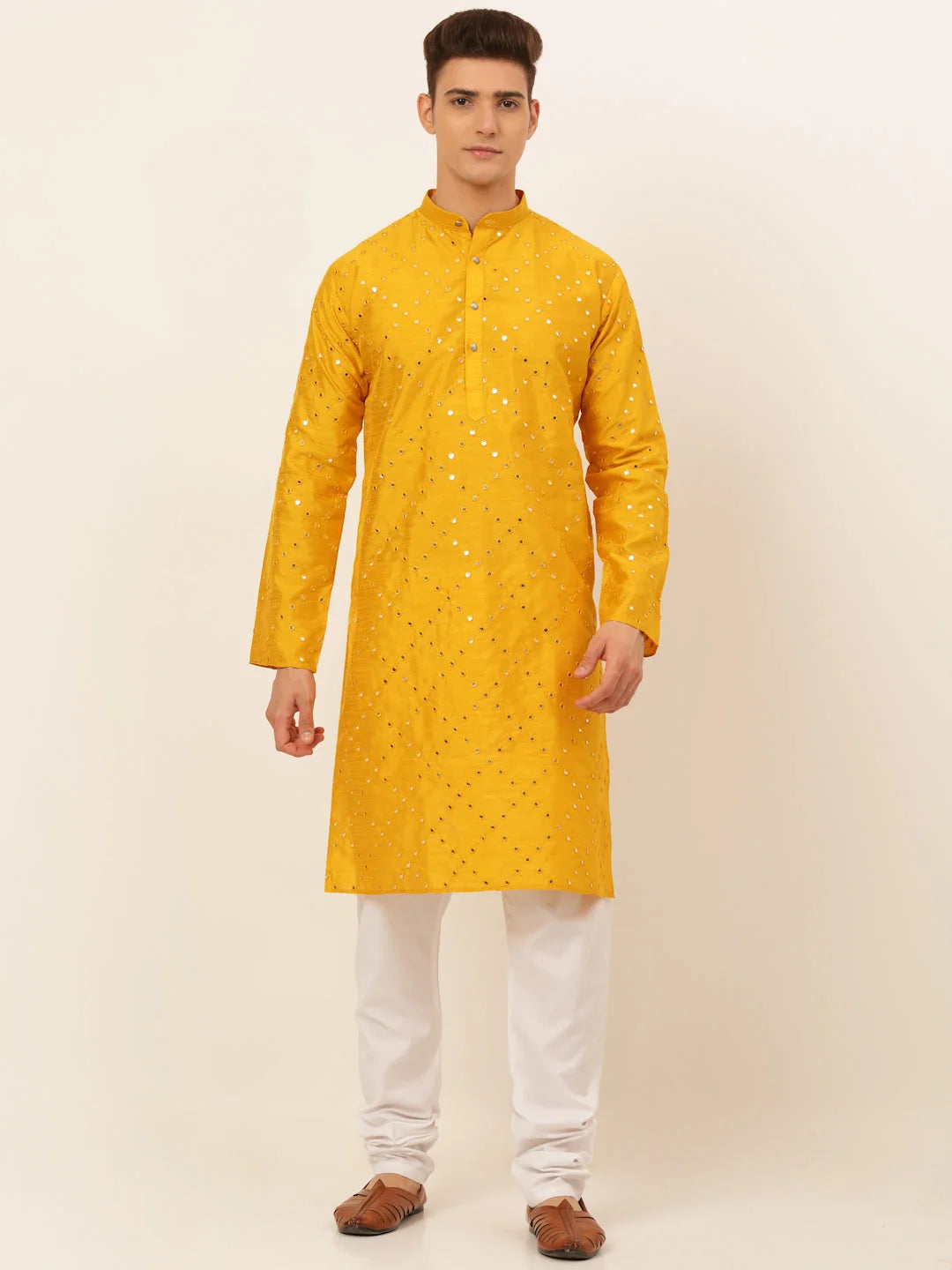 Mustard Embroidered Kurta Pyjama Set for Men | Festive Style
