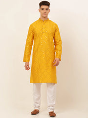Men's Dupion Silk Embroidered Kurta Pyjama Set ( JOKP 659Mustard )-JOKP-659
