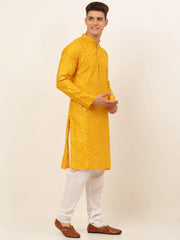 Men's Dupion Silk Embroidered Kurta Pyjama Set ( JOKP 659Mustard )-JOKP-659