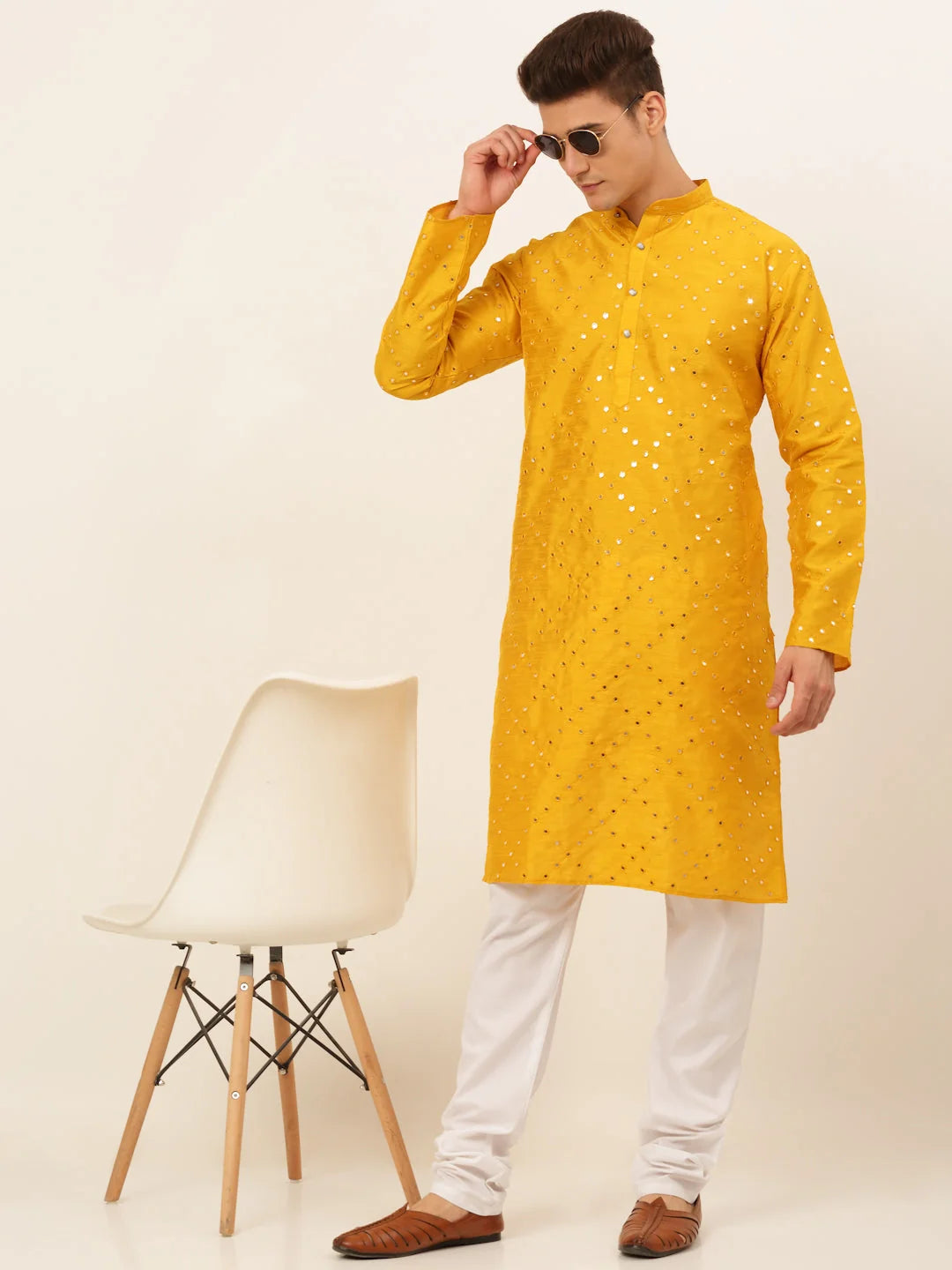 Mustard Embroidered Kurta Pyjama Set for Men | Festive Style