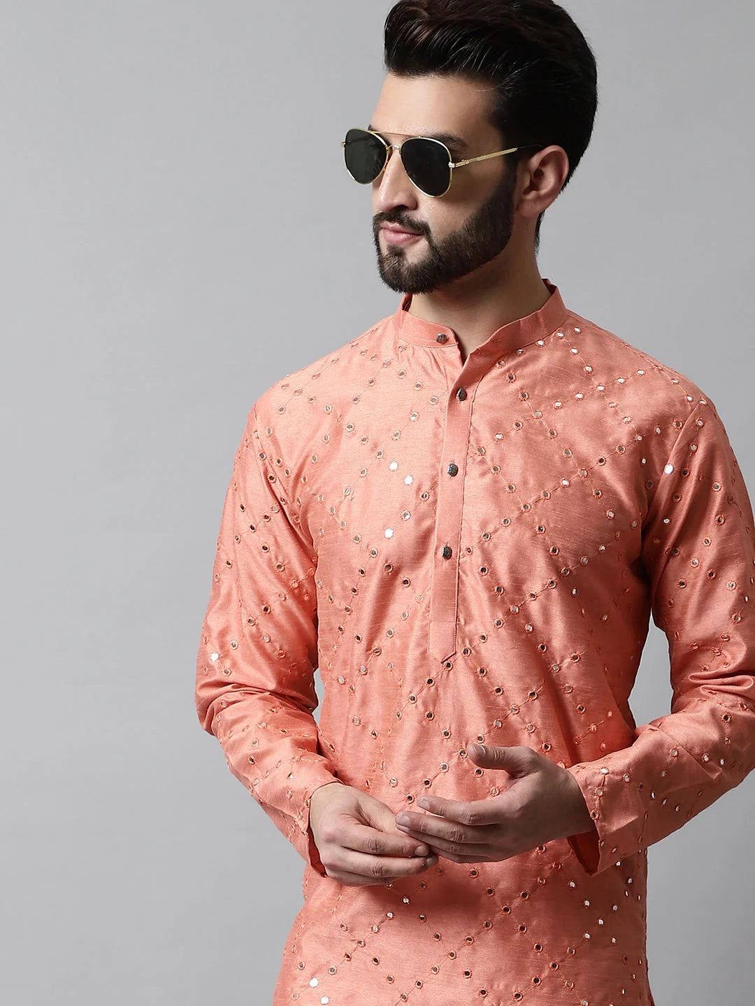 Peach Embroidered Kurta Pajama Set for Men | Elegant Style