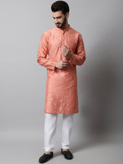 Men Peach Embroidered Mirror Work Dupion Silk Kurta with Pyjamas ( JOKP 659Peach )-JOKP-659