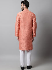 Men Peach Embroidered Mirror Work Dupion Silk Kurta with Pyjamas ( JOKP 659Peach )-JOKP-659