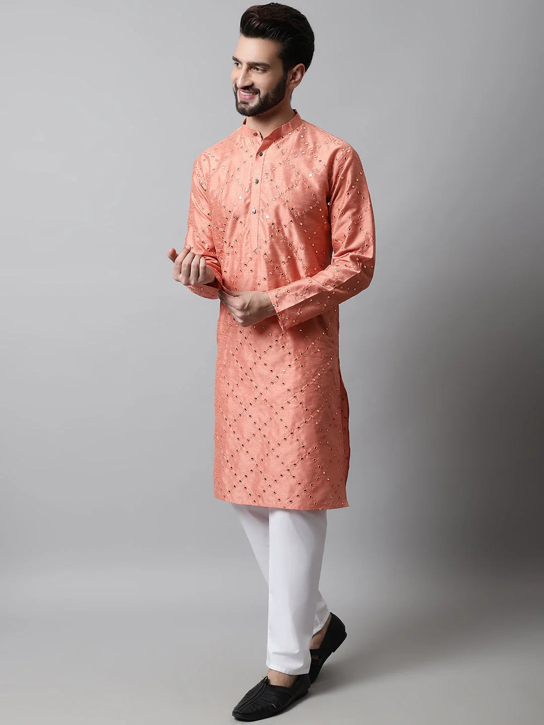 Peach Embroidered Kurta Pajama Set for Men | Elegant Style