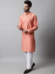Men Peach Embroidered Mirror Work Dupion Silk Kurta with Pyjamas ( JOKP 659Peach )-JOKP-659