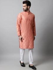 Men Peach Embroidered Mirror Work Dupion Silk Kurta with Pyjamas ( JOKP 659Peach )-JOKP-659