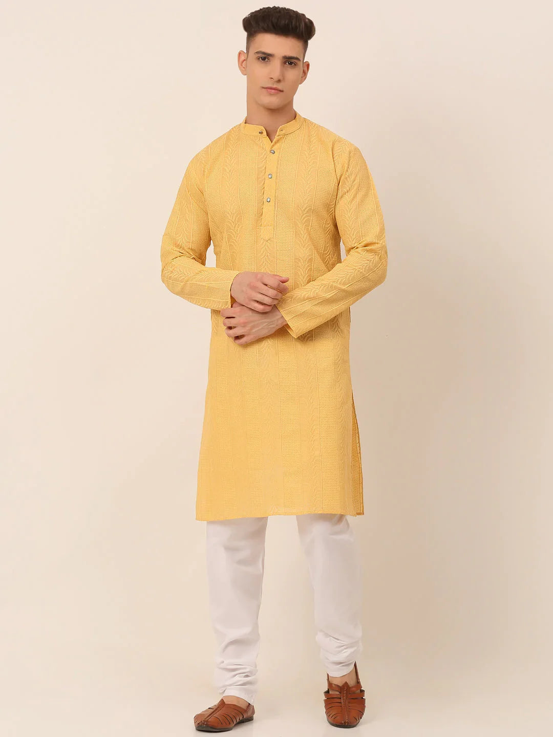 Men's Pure Cottom Embroidered Kurta Pyjama Set ( JOKP 660 Beige )