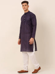 Men's Pure Cottom Embroidered Kurta Pyjama Set ( JOKP 660 Navy )