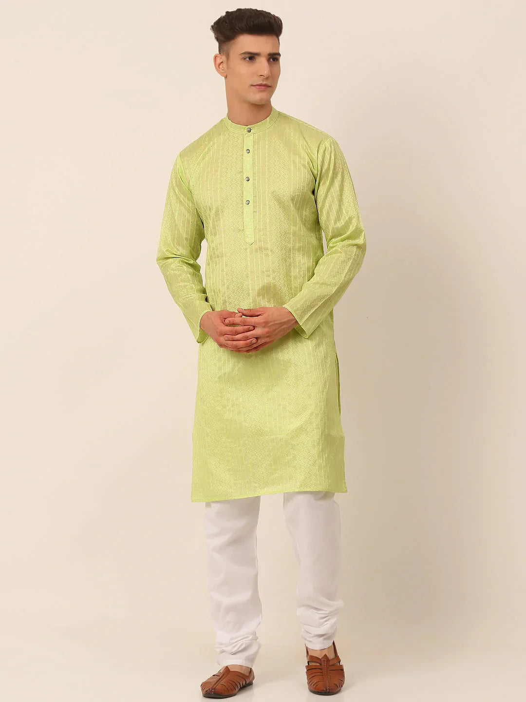 Men's Silk Blend Sequence Embroidered Kurta Pyjama Set ( JOKP 661 Green )