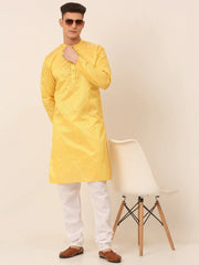 Men's Silk Blend Sequence Embroidered Kurta Pyjama Set ( JOKP 661 Yellow )