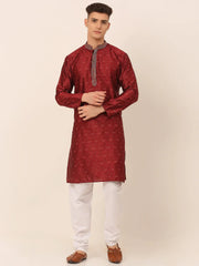 Men's Silk Blend Collar Embroidered Kurta Pyjama Set ( JOKP 662 Maroon )