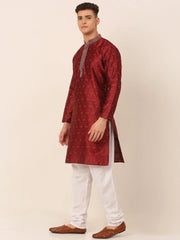 Men's Silk Blend Collar Embroidered Kurta Pyjama Set ( JOKP 662 Maroon )