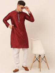 Men's Silk Blend Collar Embroidered Kurta Pyjama Set ( JOKP 662 Maroon )