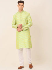 Men's Silk Blend Collar Embroidered Kurta Pyjama Set ( JOKP 663 Green )