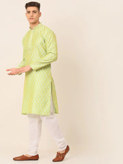 Men's Silk Blend Collar Embroidered Kurta Pyjama Set ( JOKP 663 Green )