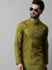 Men Olive Green and White Woven Design Kurta With Churidar ( JOKP 663Olive )-JOKP-663