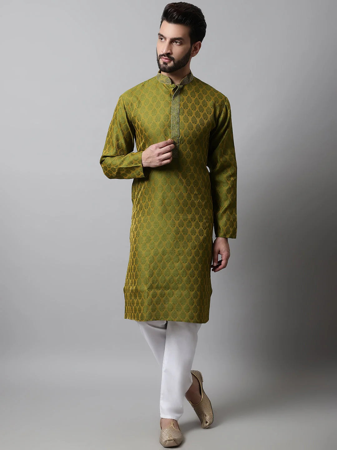 Olive Green Woven Design Kurta with Churidar | Kurta Pajama