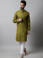 Men Olive Green and White Woven Design Kurta With Churidar ( JOKP 663Olive )-JOKP-663