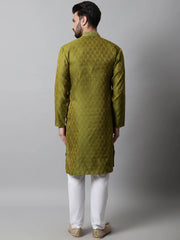 Men Olive Green and White Woven Design Kurta With Churidar ( JOKP 663Olive )-JOKP-663