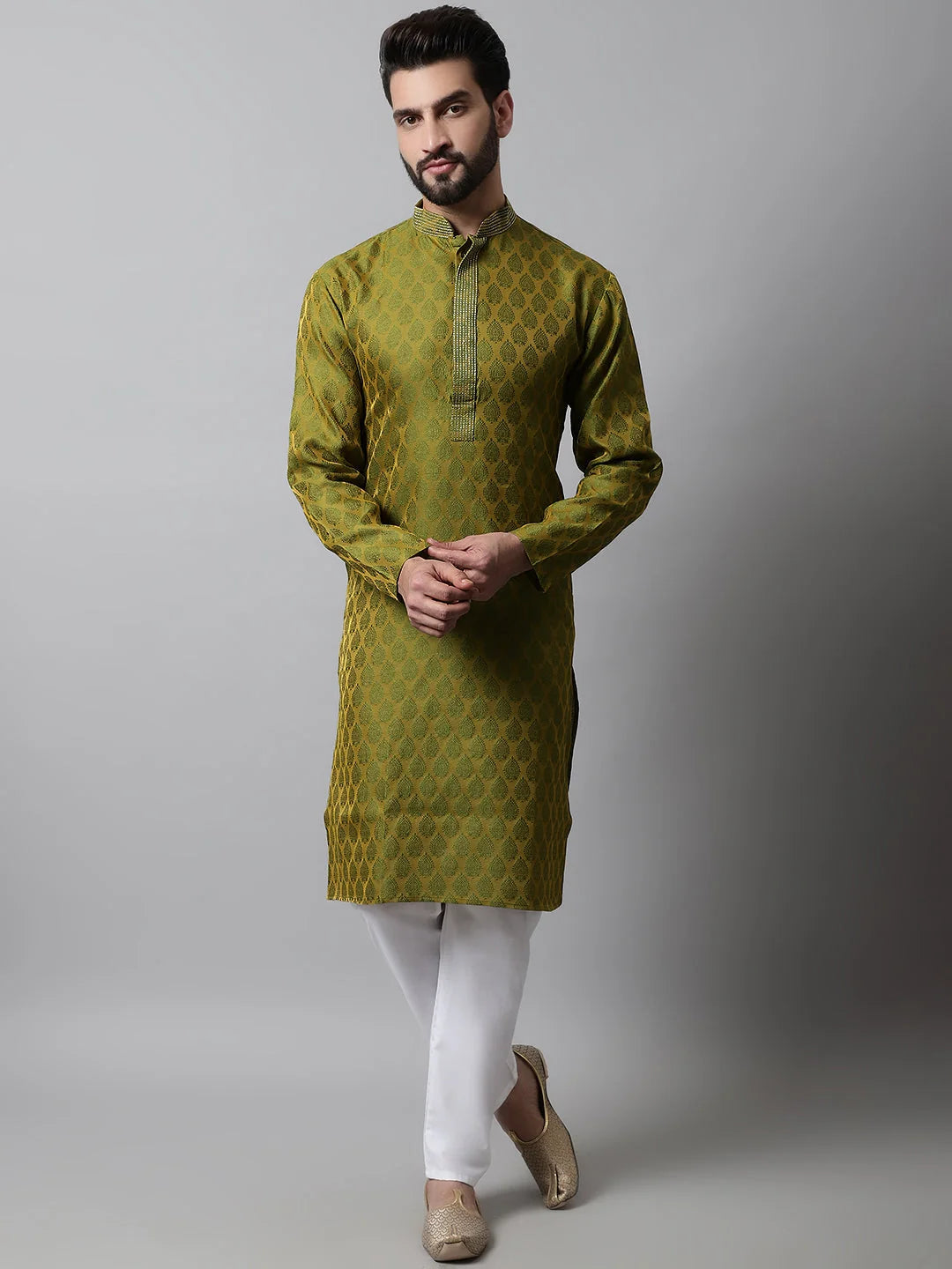 Olive Green Woven Design Kurta with Churidar | Kurta Pajama