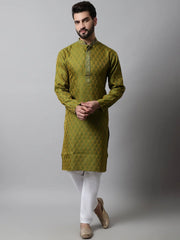 Men Olive Green and White Woven Design Kurta With Churidar ( JOKP 663Olive )-JOKP-663