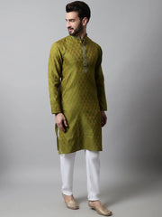 Men Olive Green and White Woven Design Kurta With Churidar ( JOKP 663Olive )-JOKP-663
