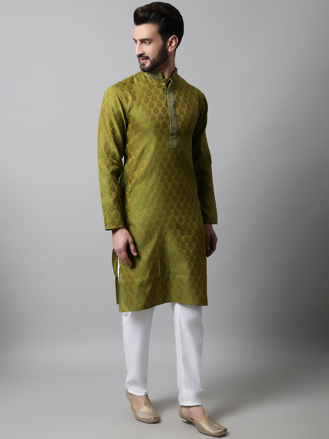 Olive Green Woven Design Kurta with Churidar | Kurta Pajama