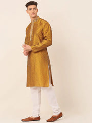 Men's Silk Blend Collar Embroidered Kurta Pyjama Set ( JOKP 664 Mustard )