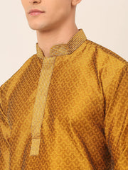 Men's Silk Blend Collar Embroidered Kurta Pyjama Set ( JOKP 664 Mustard )