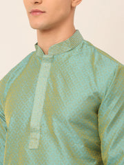 Men's Silk Blend Collar Embroidered Kurta Pyjama Set ( JOKP 664 Sea-Green )