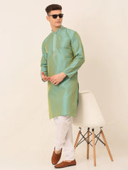 Men's Silk Blend Collar Embroidered Kurta Pyjama Set ( JOKP 664 Sea-Green )