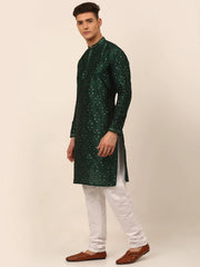Men's Silk Blend Collar Embroidered Kurta Pyjama Set ( JOKP 665 Green )