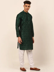 Men's Silk Blend Collar Embroidered Kurta Pyjama Set ( JOKP 665 Green )