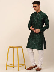 Men's Silk Blend Collar Embroidered Kurta Pyjama Set ( JOKP 665 Green )