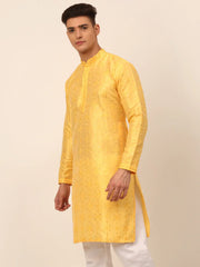 Men's Silk Blend Collar Embroidered Kurta Only ( KO 665 Yellow )