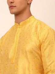 Men's Silk Blend Collar Embroidered Kurta Pyjama Set ( JOKP 665 Yellow )