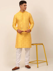 Men's Silk Blend Collar Embroidered Kurta Only ( KO 665 Yellow )