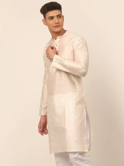 Men Cream Striped Pleated Chikankari Kurta Only ( KO 666 Cream )