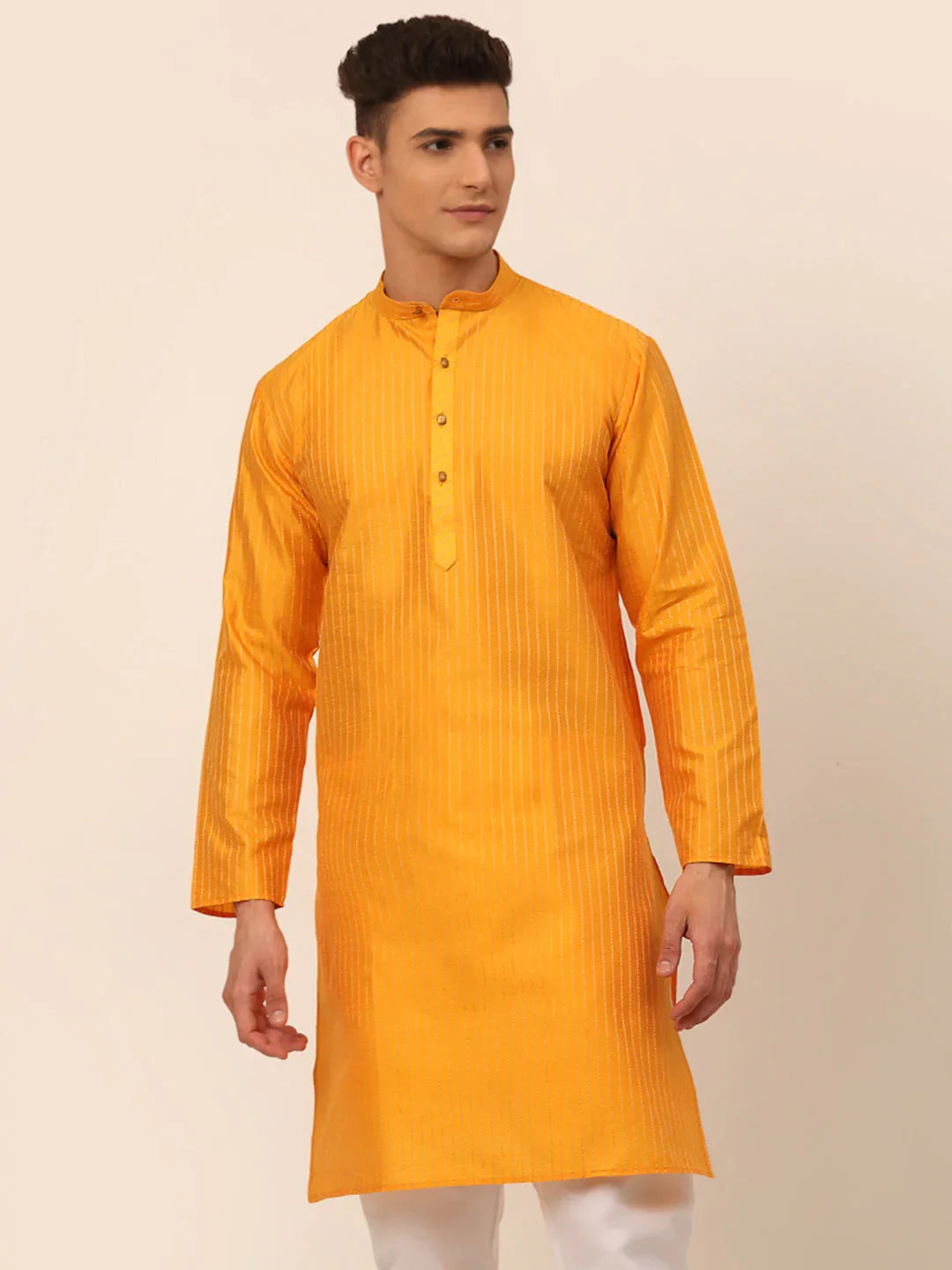 Men Mustard Striped Pleated Chikankari Kurta Only ( KO 666 Mustard )