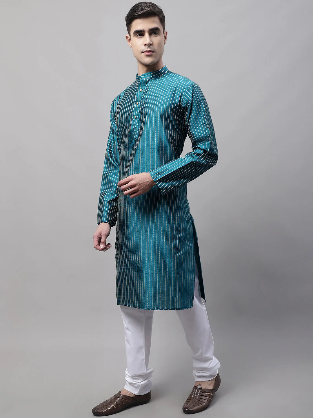 Peacock Blue Embroidered Kurta Pajama | Mens Kurta Pajama Online